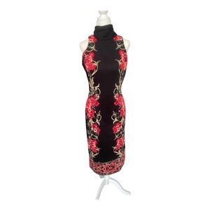 New York & Company Black Red Floral Halter Midi Dress Tie Neck Size S